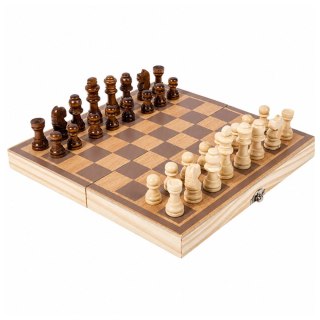 Drewniane szachy w składanej walizce, plansza 24 × 24 cm