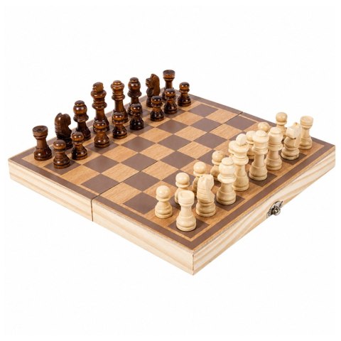 Drewniane szachy w składanej walizce, plansza 24 × 24 cm
